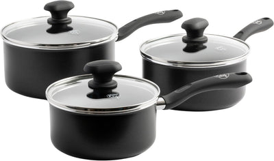 Set de casseroles Greenchef Diamond 3 pièces - 16 18 20 cm - 1,5 2,1 2,3 l - revêtement antiadhésif sans PFA - set de poêles à induction - poêle en céramique - passe au four jusqu'à 160°c - poignée de refroidissement - avec couvercle en verre - noir