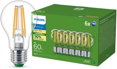 Philips LED Lampe LED ultra-efficace Philips transparente - 60w - culot E27 - lumière blanc chaud ; 2700k - ultra efficace : classe énergétique a - pack de 6