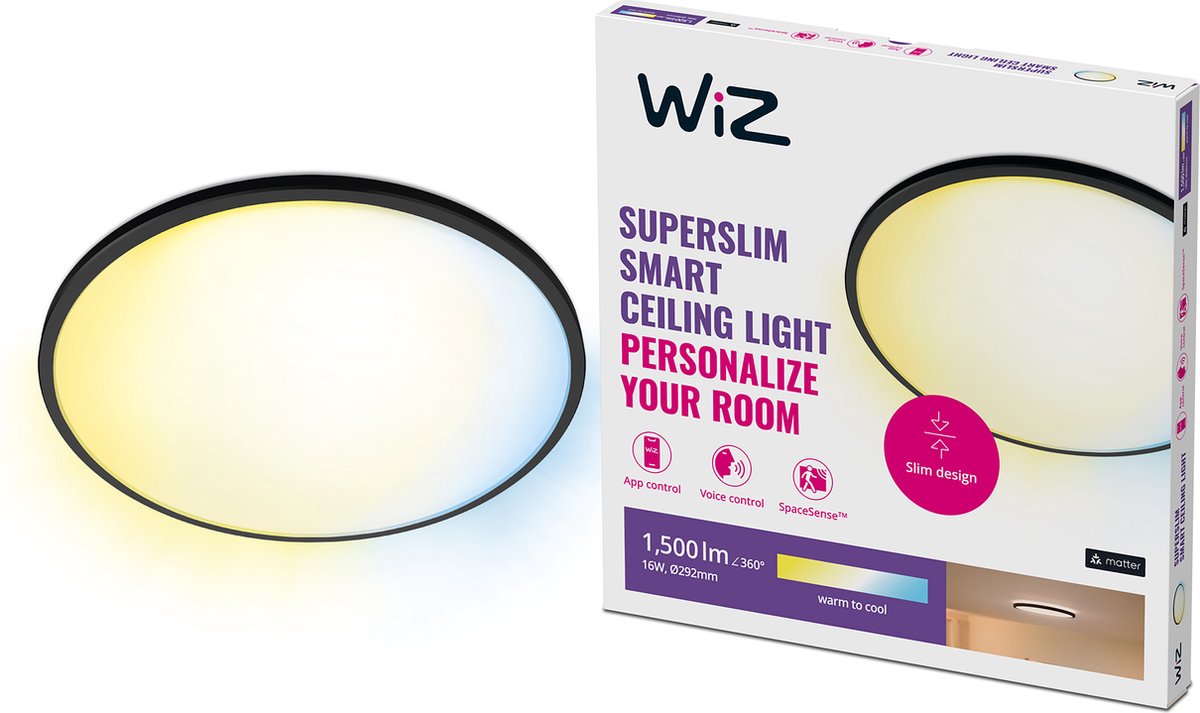 Plafonnier Wiz super slim - diamètre : 30 cm - lumière blanc chaud à froid - éclairage LED intelligent - LED intégrée - 16w - noir - wi-fi