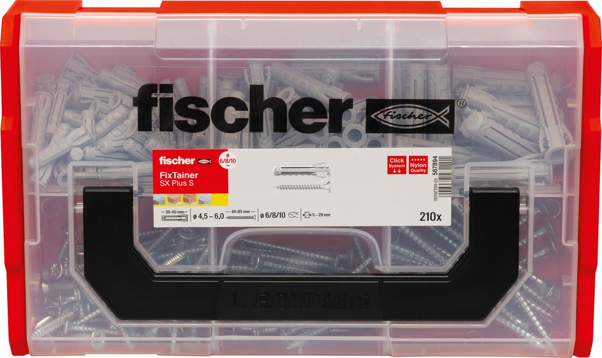 Fischer fixtainer – fiche sx plus 6, 8 et 10 avec vis | 210 pièces dans une boîte de rangement pratique