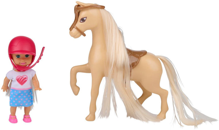 Eddy Toys poupée mannequin mini 9 cm avec cheval - ensemble de jeu de poupée mannequin avec casque et selle - cheval avec longue crinière - ensemble de jeu pour enfants - boîte avec fenêtre