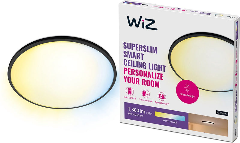 Plafonnier Wiz super slim - diamètre : 25 cm - lumière blanc chaud à froid - éclairage LED intelligent - LED intégrée - 14w - noir - wi-fi