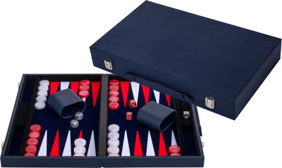 Backgammon Longfield 15 pouces - plateau incrusté rouge blanc - étui en cuir artificiel de luxe - pierres incluses, tasse à lancer de dés - coeur d'ange