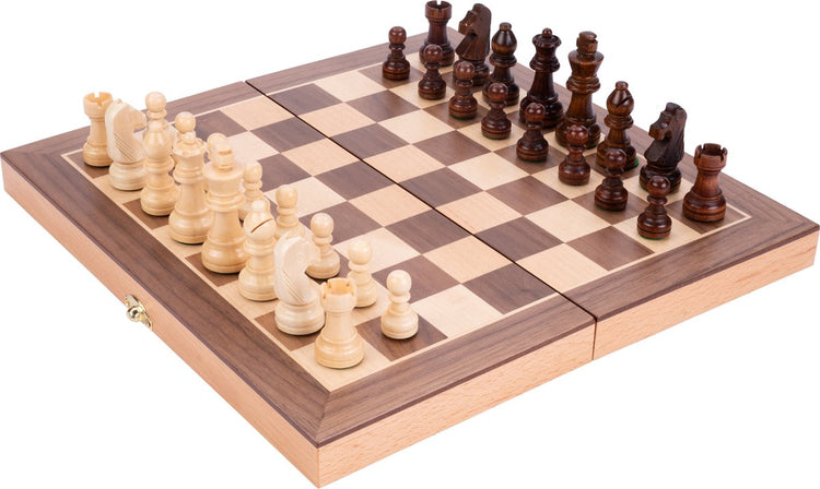Jeu d'échecs Engelhart en bois de hêtre plaqué noyer – échiquier pliant en bois 30x30 cm – terrain de jeu luxueux marqueté – édition voyage maison –