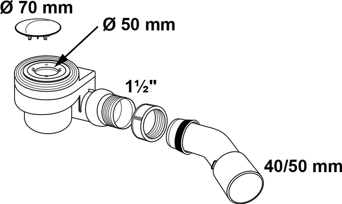 Kirchhoff pp caniveau de douche et de bain 50 mm, chromé, 1 1 2 x 40 50 mm, avec couvercle, 70 mm