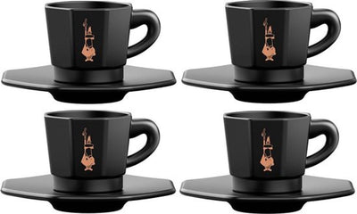 Service de tasses à expresso octogonales Bialetti – 4 tasses avec soucoupes – 75 ml – porcelaine noire mate avec détails dorés