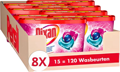 Dixan - boîte de couleurs triplets - capsules de lavage - formule puissante - contre les taches - linge coloré - pack économique - 8 x 15 lavages