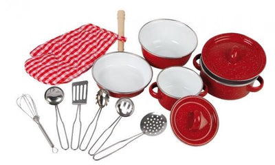 De petites casseroles et ustensiles de cuisine réglés rouges, 11dlg.