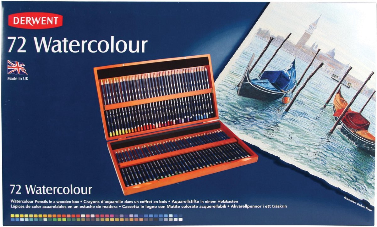 Crayons aquarelle Derwent assortis dans une boîte en bois 72 pièces