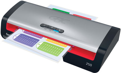 Machine à plastifier Gbc 250 office a4 - adaptée pour 75-125 microns - avec pack de démarrage de pochettes de plastification - argent noir rouge