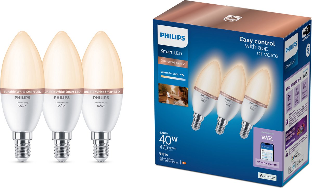 Philips Lighting Lampe LED intelligente Philips C37, culot E14, 470 lm, lot de 3
