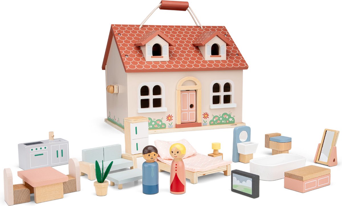 Maison de poupée portable en bois Woet ® - complète avec 18 meubles et 2 poupées - maisonnette rose pastel pour enfants - FSC - jouets de jeu de rôle - à partir de 3 ans