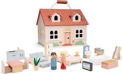 Maison de poupée portable en bois Woet ® - complète avec 18 meubles et 2 poupées - maisonnette rose pastel pour enfants - FSC - jouets de jeu de rôle - à partir de 3 ans