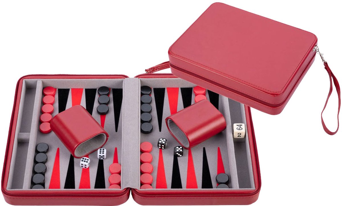 Jeu de voyage Backgammon avec fermeture éclair - rouge