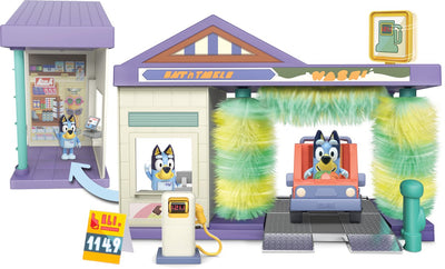 Moose Toys Bluey - Ensemble de jeu pour le lavage de voiture de Bluey - incl. figurine de jeu Bluey, voiture, pompe à essence et magasin