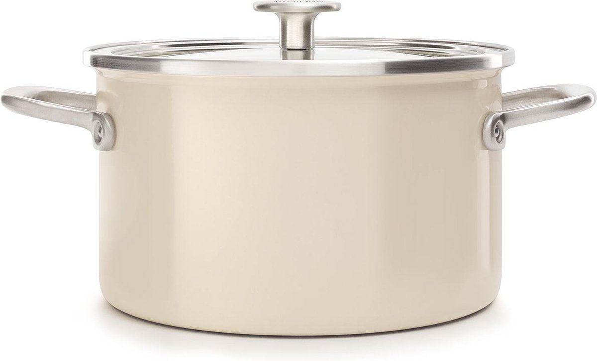 Kitchenaid casserole acier émaillée 24cm 6l - blanc amande - induction - sans pfas