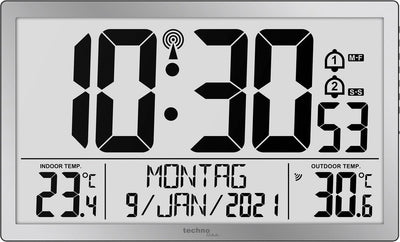 Technoline ws 8113 - horloge murale - numérique - rectangle - affichage de l'heure et manuel radiocommandés - 12 24 - affichage de la date - 7 langues - température intérieure et extérieure - 2 alarmes - snooze - plastique - chiffres - argenté
