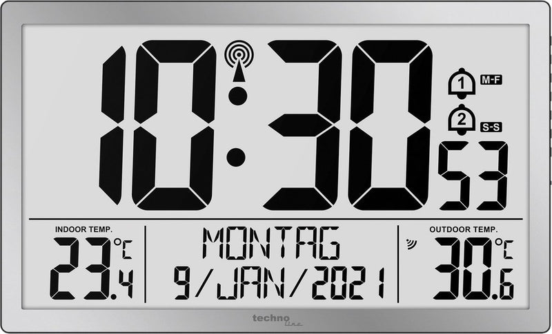Technoline ws 8113 - horloge murale - numérique - rectangle - affichage de l'heure et manuel radiocommandés - 12 24 - affichage de la date - 7 langues - température intérieure et extérieure - 2 alarmes - snooze - plastique - chiffres - argenté