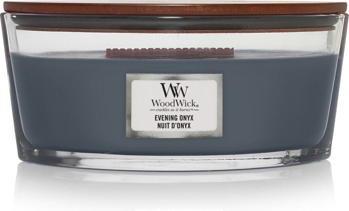 Bougie parfumée Woodwick Heartwick Flame Ellipse - Onyx du soir - 50 heures de combustion