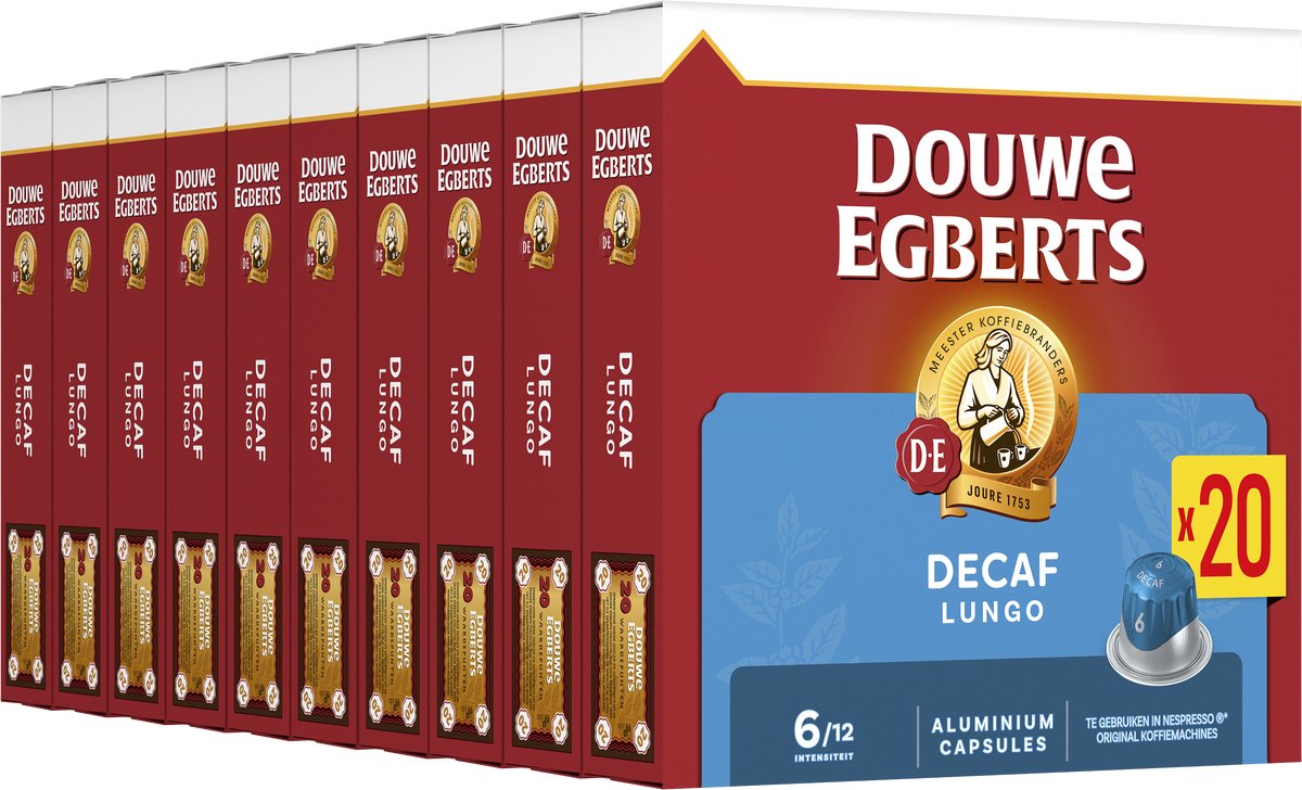 Douwe Egberts tasses à café décaféiné Lungo - intensité 6 12 - 10 x 20 capsules