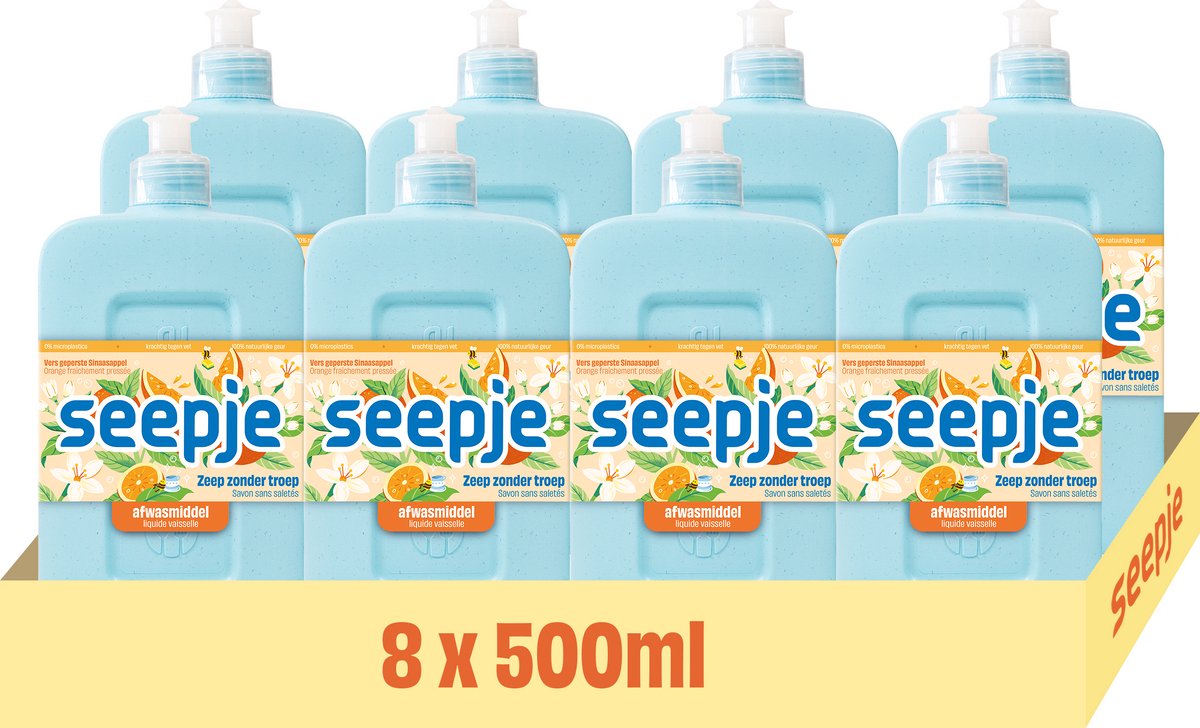 Liquide vaisselle Seepje parfum orange fraîchement pressée - 8 x 500 ml - pack économique