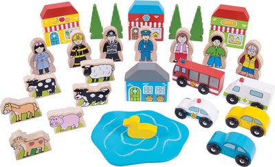 Figurines de jeu et véhicules en bois Bigjigs, 32 pcs.