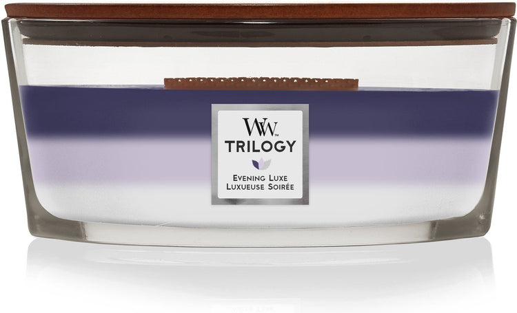Bougie parfumée ellipse Woodwick Heartwick Flame Trilogy - Luxe du soir - 50 heures de combustion