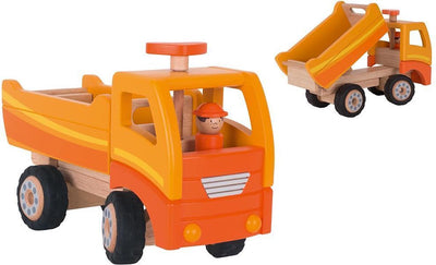 Goki Wooden Tilt Truck orange avec roues rotatives