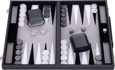 Backgammon Engelhart 18 pouces - plateau incrusté gris, noir et blanc - étui noir de luxe avec poignée -