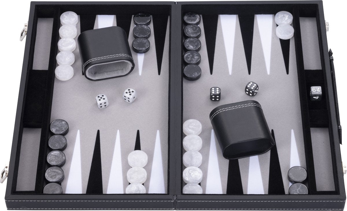 Backgammon Engelhart 15 pouces - plateau incrusté noir, blanc et gris - étui en cuir artificiel avec poignée -