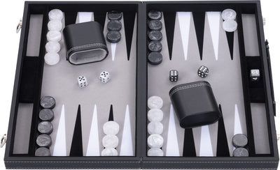 Backgammon Engelhart 15 pouces - plateau incrusté noir, blanc et gris - étui en cuir artificiel avec poignée -