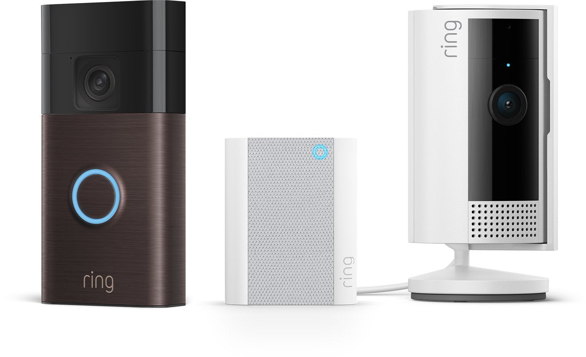 Sonnette vidéo à batterie Ring avec carillon et caméra intérieure - bundle