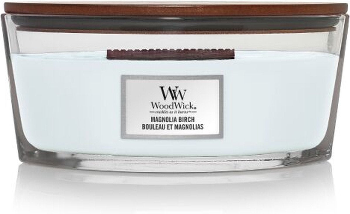 Bougie parfumée Woodwick Heartwick Flame Ellipse - bouleau magnolia - 50 heures de combustion