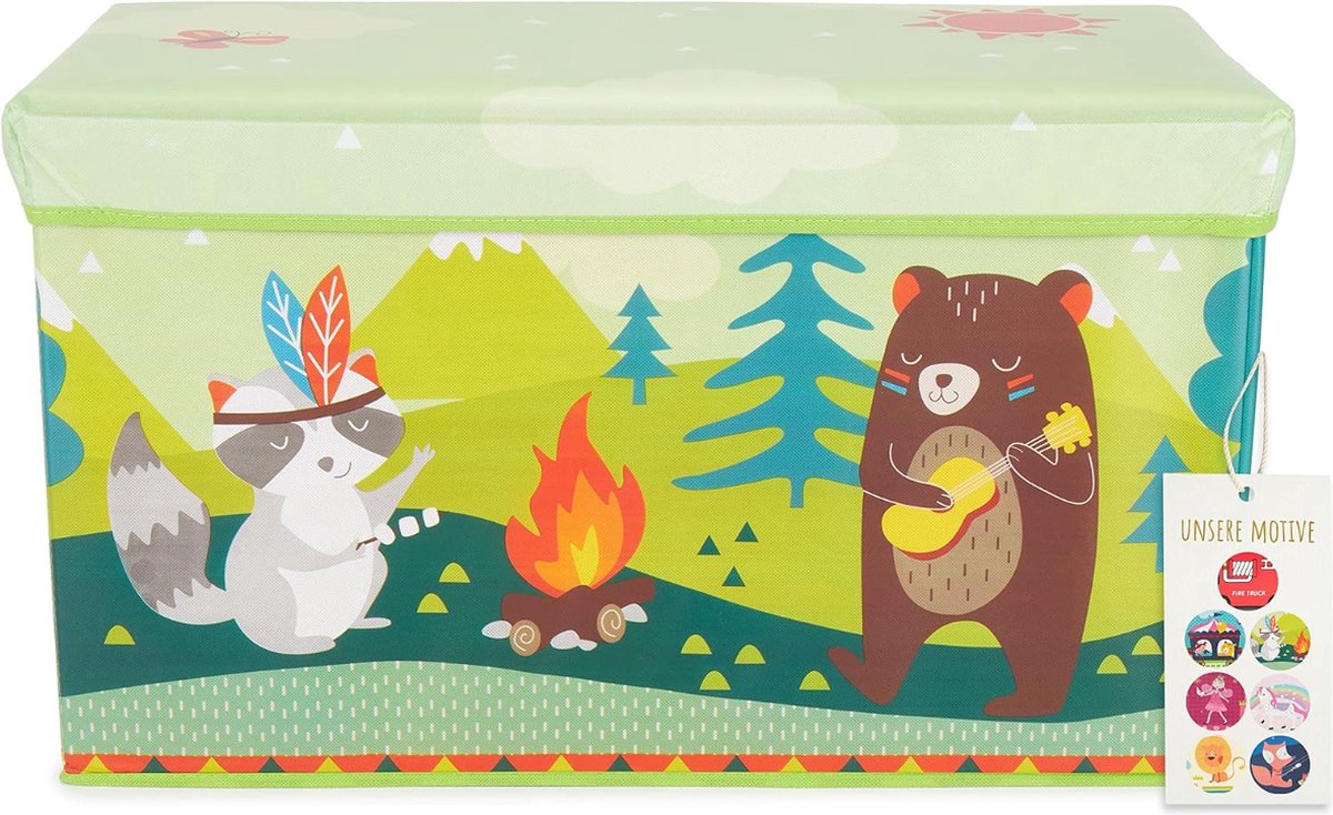 Bieco Coffre de rangement 2 en 1 banc animaux de la forêt - coffre à jouets avec fonction siège - boîte de rangement pour chambre d'enfant - 63 litres