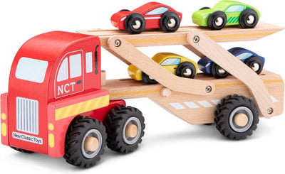 Woet ® transporteur de voitures en bois - camion avec remorque et 4 voitures - véhicule jouet éducatif - jouets de jeu de rôle - à partir de 18 mois