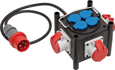 Répartiteur de courant compact en caoutchouc Brennerstuhl pour la construction (câble de 1 m, 3x cee 400v 16a, 4x 230v 16a broche de terre, utilisation sur site et pour une utilisation permanente en extérieur, fabriqué en Allemagne)