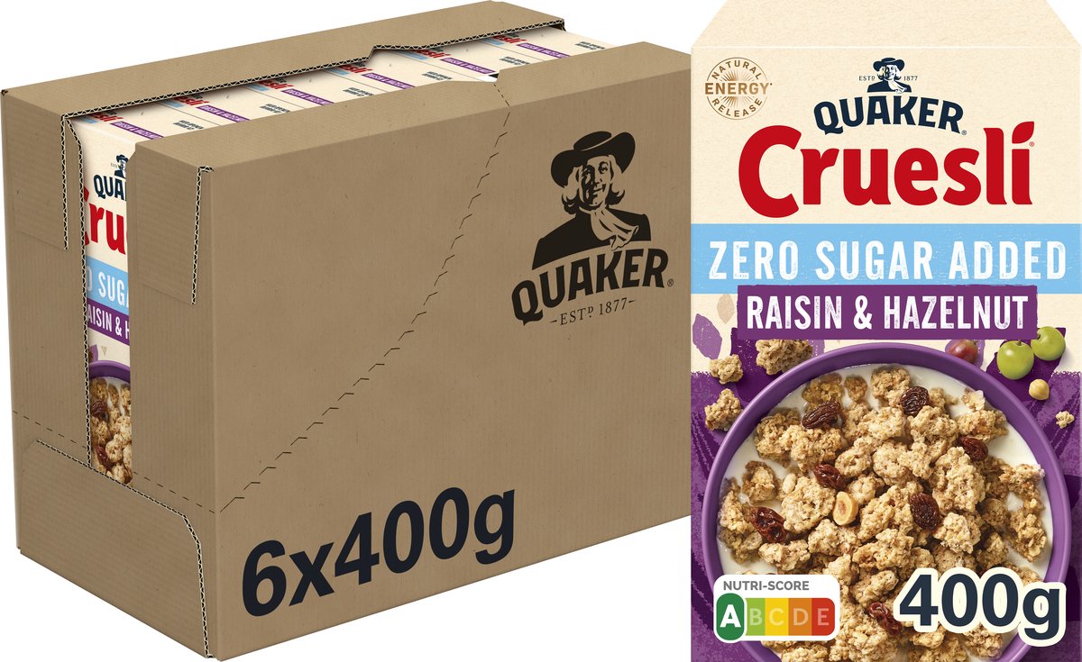Quaker cruesli zéro sucre ajouté raisins noisettes - céréales pour petit déjeuner - 6 x 400 grammes