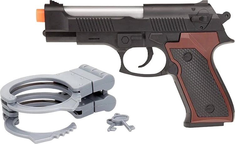 La police a mis des menottes et un pistolet avec de la lumière et du son