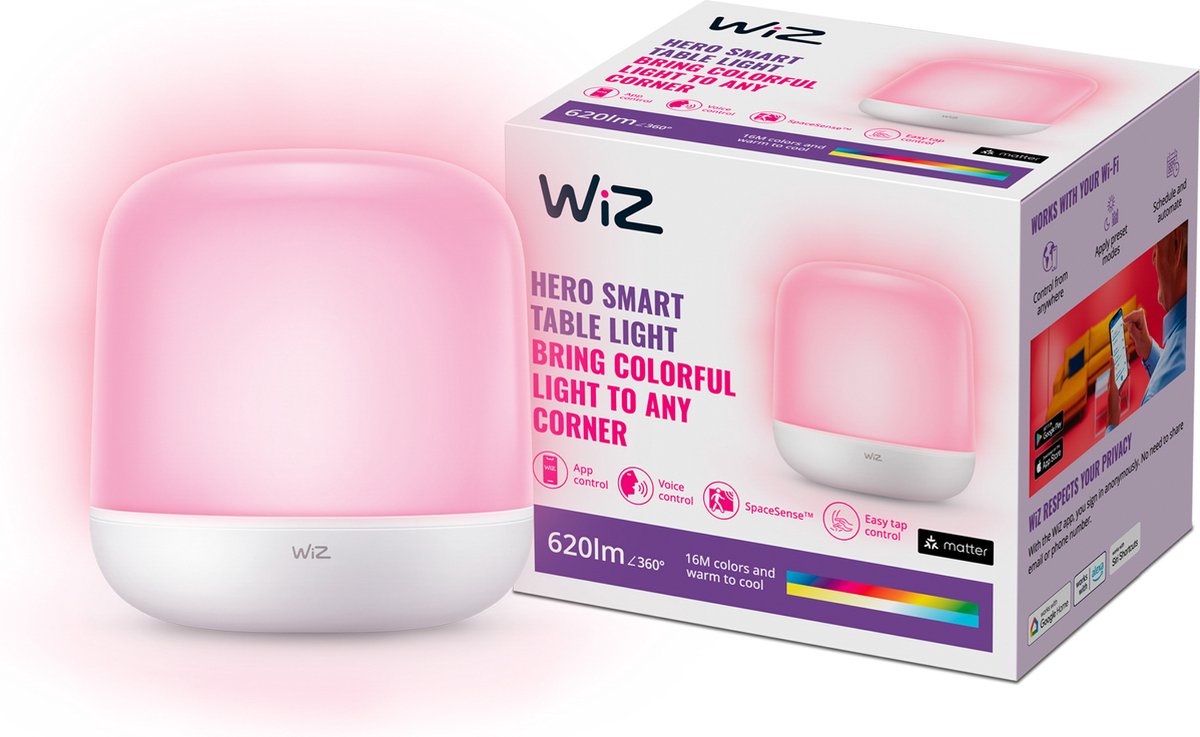 Lampe de table Wiz hero - lumière colorée et blanche - éclairage LED intelligent - design moderne - wi-fi