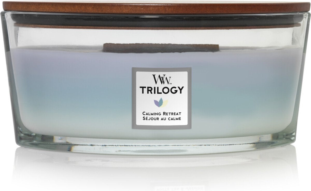 Bougie parfumée ellipse Woodwick Heartwick Flame Trilogy - Retraite apaisante - 50 heures de combustion