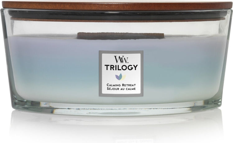 Bougie parfumée ellipse Woodwick Heartwick Flame Trilogy - Retraite apaisante - 50 heures de combustion