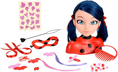 Bandai - miraculeuse coccinelle - tête à coiffer miraculeuse deluxe 21cm - tête à coiffer coccinelle + 30 accessoires, clips, rubans, bijoux - miraculeuse sous licence officielle - jouets enfant 4 ans et + - p50247