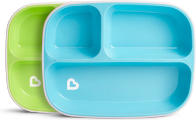 Munchkin assiettes antidérapantes à 3 compartiments - anti-éclaboussures - passent au lave-vaisselle et au micro-ondes - par 2 pièces - assiettes pour enfants - vert bleu