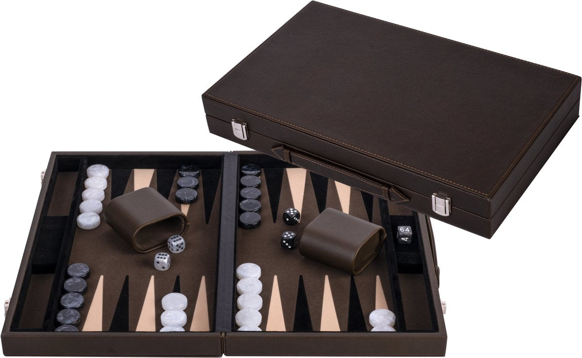 Backgammon Longfield 15 pouces - planche incrustée de crème vert olive - étui en cuir de luxe - pierres incluses, tasse à lancer de dés - coeur d'ange