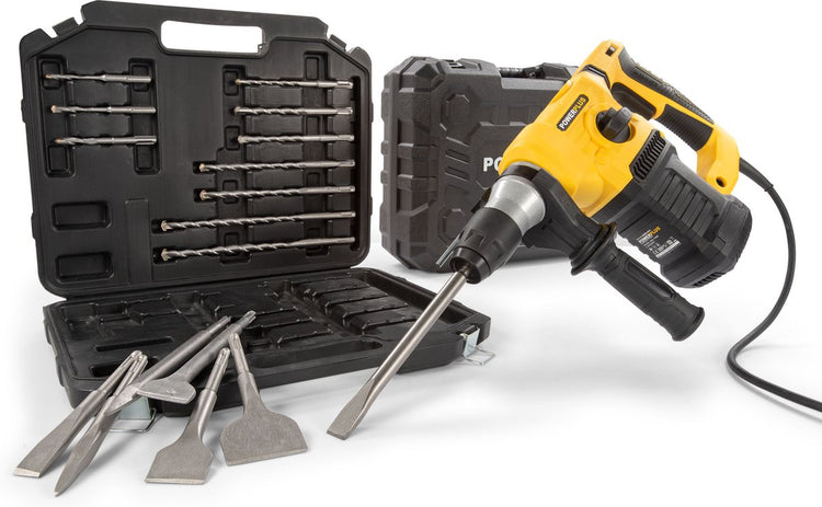 Perceuse à percussion électrique Powerplus POWX1199 - 4 en 1 : perçage, perçage à percussion, burinage et rotation du burin, perceuse 1500 W, 5 ans, 6 fonctions de vitesse, SDS-plus, 17 accessoires