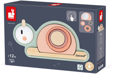 Janod sweet cocon - escargot sensoriel en bois - s'assemble comme un puzzle avec les 6 pièces en bois - 4 pièces sensorielles à découvrir de ses propres mains ! - convient à partir de 12 mois