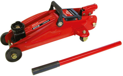 Cric de garage Carpoint - mobile - hydraulique - capacité de charge maximale 2000 kg - hauteur de levage de 130-380 mm - soupape de sécurité automatique - longue tige de pompe - roulettes - avec certification produit TüV GS