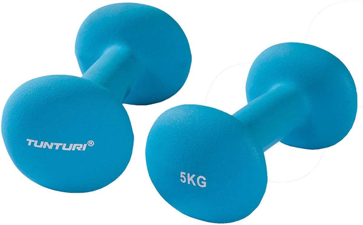 Set d'haltères Tunturi - 2 x 5,0 kg - néoprène - bleu fluor - incl. application de remise en forme gratuite