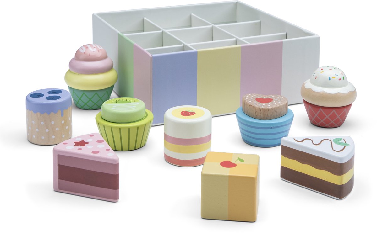 Woet ® ensemble de pâtisserie en bois - 9 pièces gâteaux et cupcakes - nourriture jouet pour enfants - jouets de cuisine de jeu de rôle - à partir de 2 ans