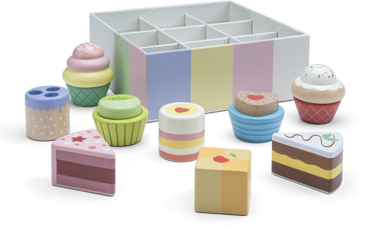 Woet ® ensemble de pâtisserie en bois - 9 pièces gâteaux et cupcakes - nourriture jouet pour enfants - jouets de cuisine de jeu de rôle - à partir de 2 ans